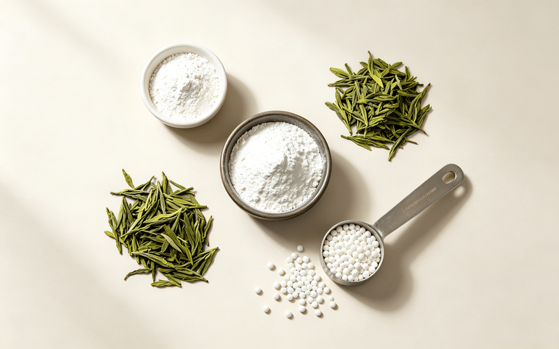 Functional blend ingredients for sports nutrition — collagen peptides, green tea extract, and amino acid powders for custom formulation from Esubio amino acid ingredient supplier