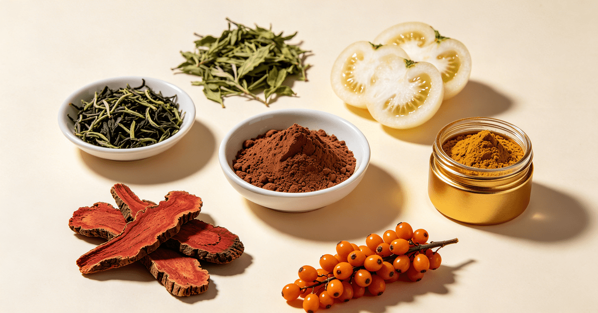 Botanical extract supplier showcase — ashwagandha root, green tea leaves, white tomato, and rhodiola rosea standardized plant actives from Esubio