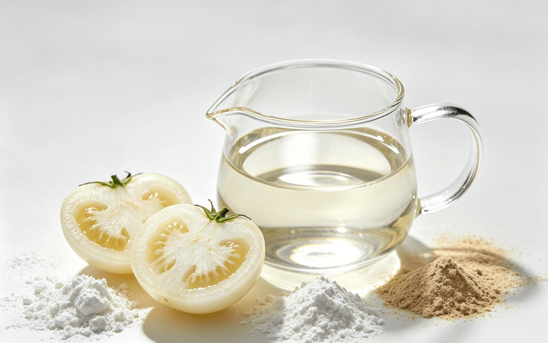 White tomato extract powder derived from white tomatoes, standardized for phytoene and phytofluene, used in beauty and skin health supplements