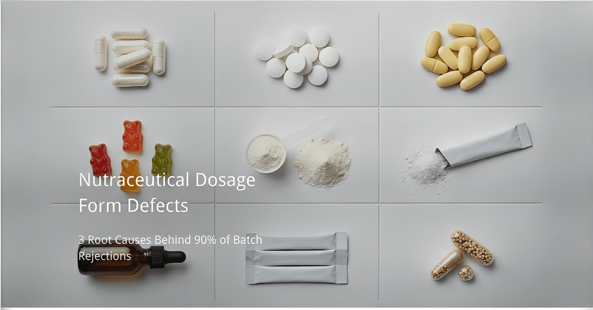 Nutraceutical dosage form defects cover image showing nine product formats