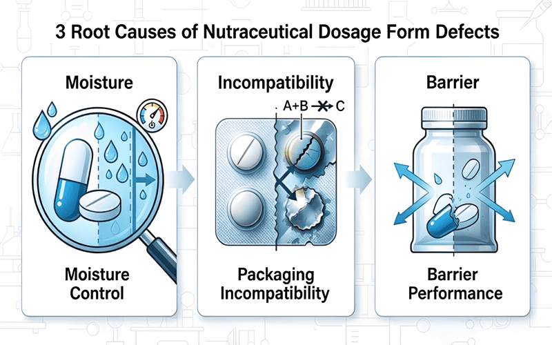 Nutraceutical dosage form defects three root causes infographic