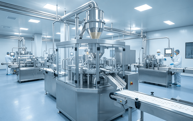 manufacturing line using moisture sensitive API excipients in solid dosage production