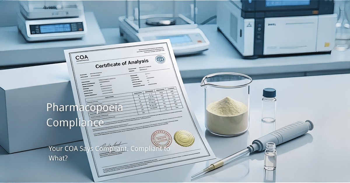 Pharmacopoeia compliance COA cover image showing USP and Ph Eur comparison