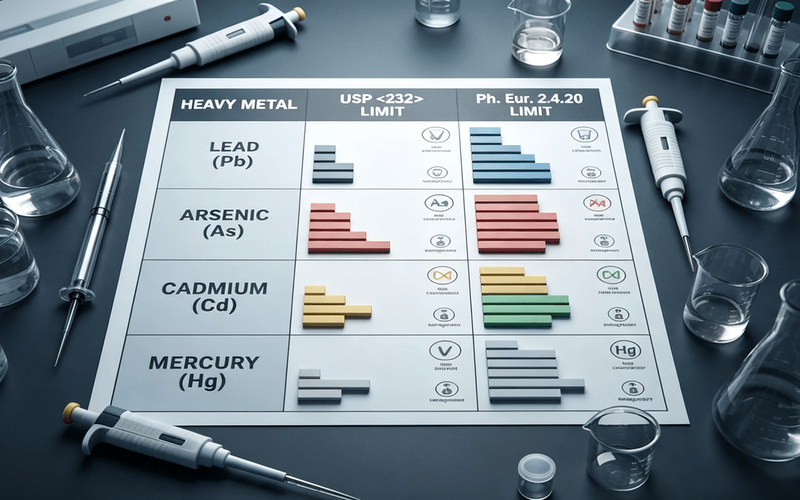 Pharmacopoeia compliance heavy metals comparison USP versus Ph Eur