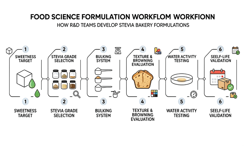 Stevia bakery formulation workflow for sweetness, bulk, browning and shelf life