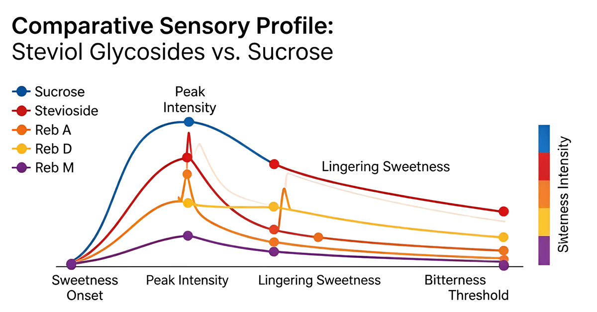 Stevia taste curve comparing sweetness onset peak and lingering sweetness with sucrose