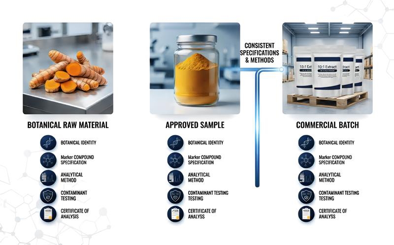 Botanical Extract Quality controls from approved sample to commercial batch