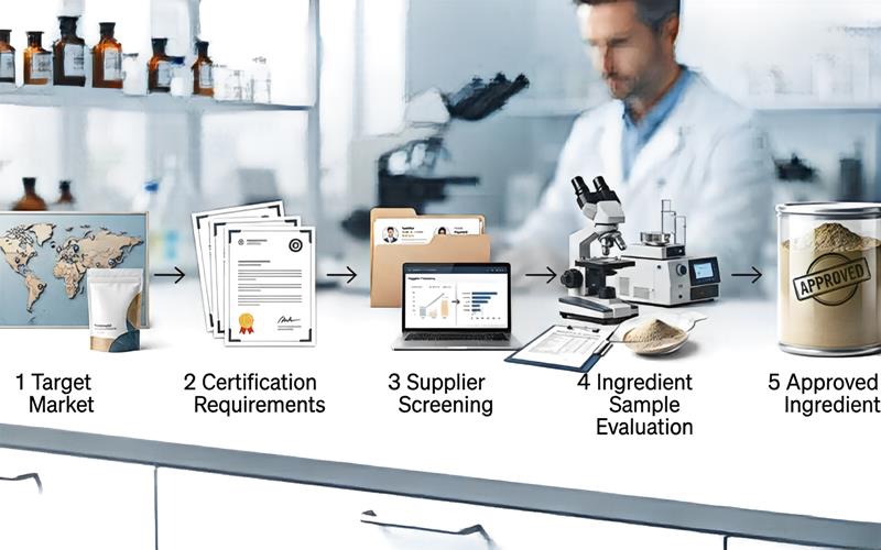 ingredient sourcing workflow from target market certification requirements to approved raw material
