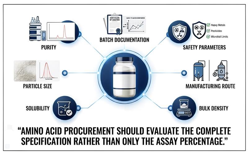 Amino Acid Quality specification for purity particle size solubility and bulk density