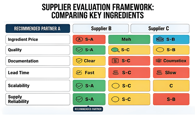 ingredient supplier evaluation for raw material procurement cost