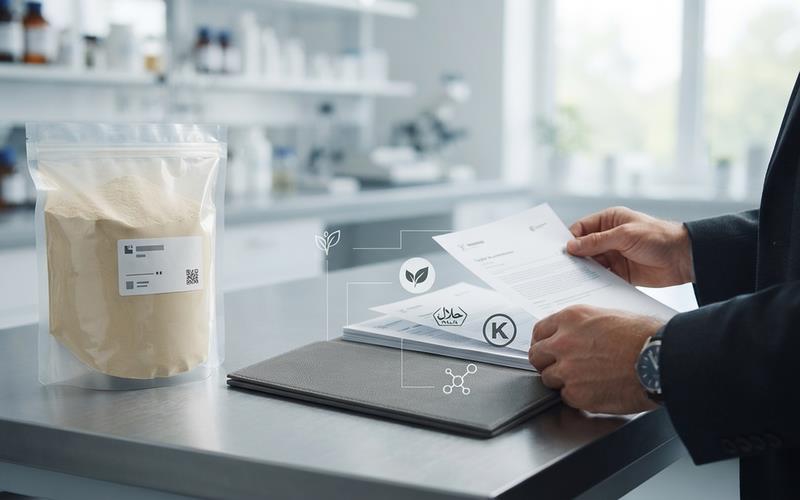 certification documents matched to specific raw material and ingredient supplier