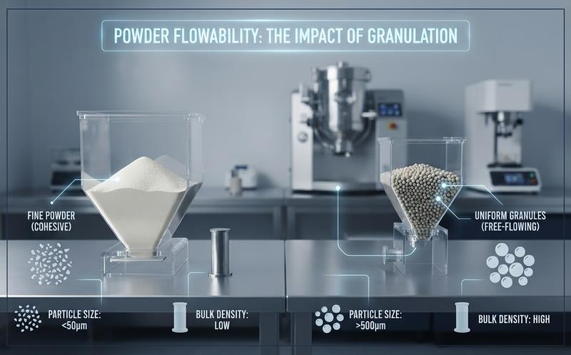 powder flowability and granulation for capsule filling and nutraceutical manufacturing