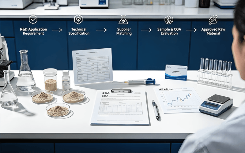 raw material sourcing workflow from R&D specification to approved ingredient